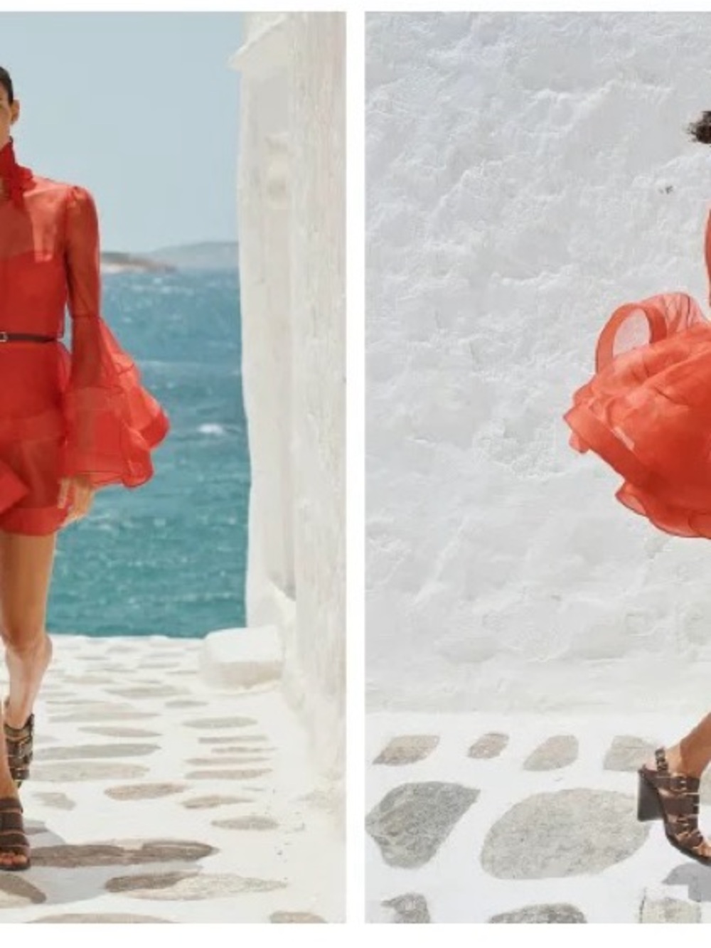 Designer-style Sheer Lantern Chiffon Red Bell-Sleeve Mini Dress - Picture 7 of 7